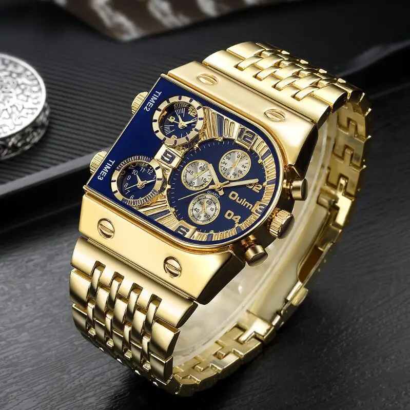 Fashion Oulm Top Brand Multi Time Zone Large Dial Luminous Men\'s Full Stainless Steel Leisure Cross-border Quartz Gold Watch