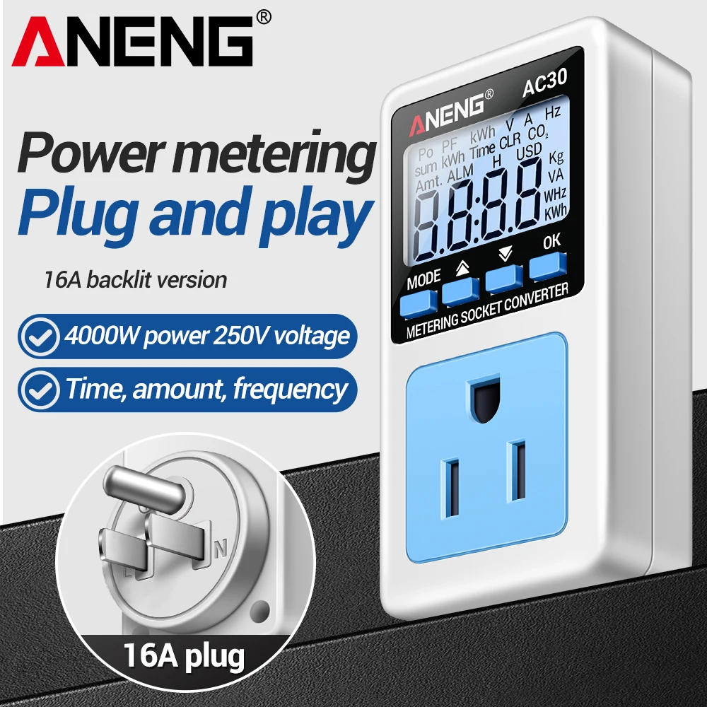 ANENG AC30 Energy Meters Socket Multifunctional Electricity Meters Household Air Conditioning Electricitys Monitor Power Meter