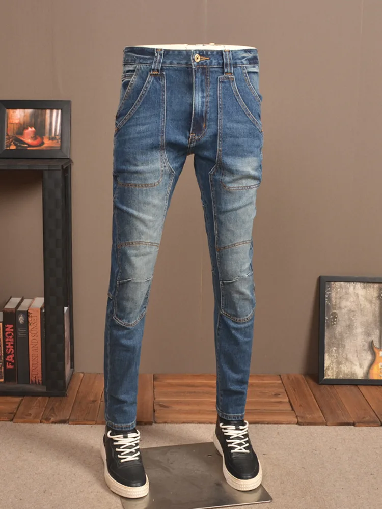 Stitching Motorcycle Jeans Men's Stretch Slim Fit Skinny High Street American Ruan Handsome Washed Retro Men's Pants