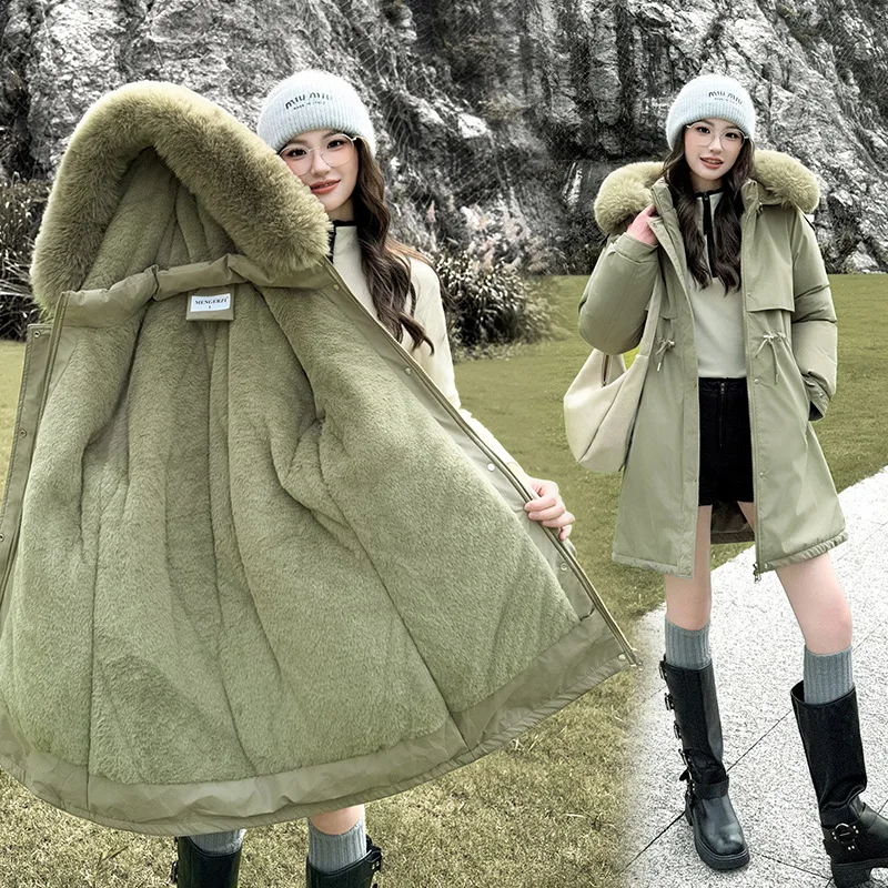Parka da donna aderente in vita Autunno Inverno Moda Collo in pelliccia Giacca ispessita foderata in pile Tasche larghe con cerniera Capispalla in cotone