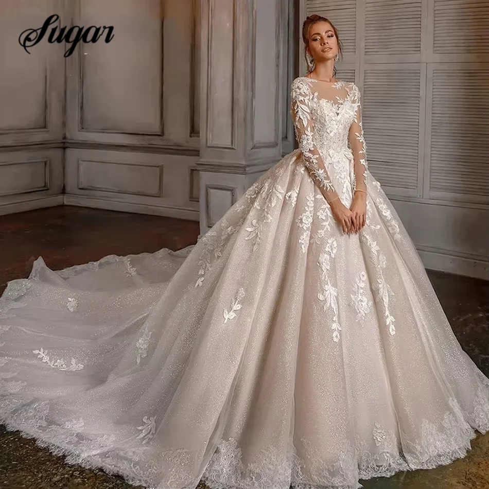 Gorgeous O-Neck Wedding Dress Elegant Long Sleeve A-Line Applique Lace Bridal Gowns Vestidos De Novia Robe Mariée Customized