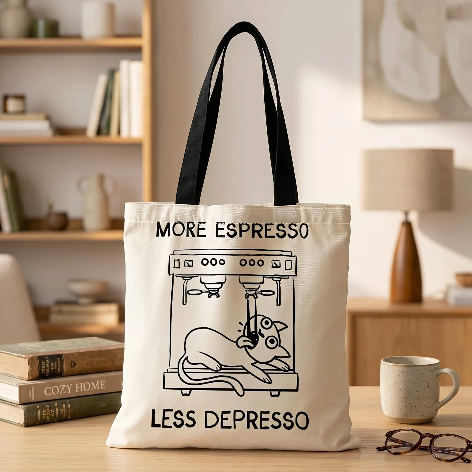 Handbag with More Espresso Less Depresso Pattern Reusable Fashion Handbag Shopping Tote Bag Suitable for Shopping Office