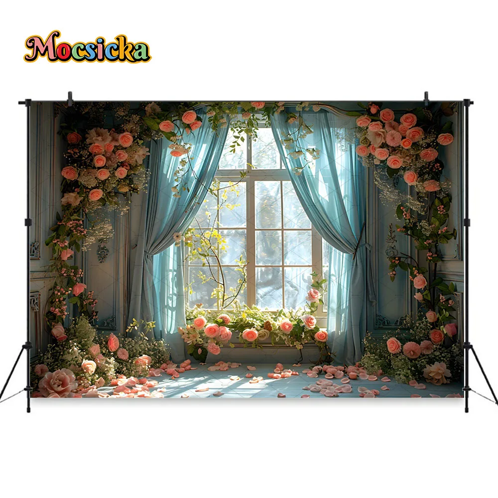 Mocsicka Sunshine Bower Photography Backdrop Retro Window Curtains Flower Backgroun Girls Boudoir Kids Baby Show Photo Studio
