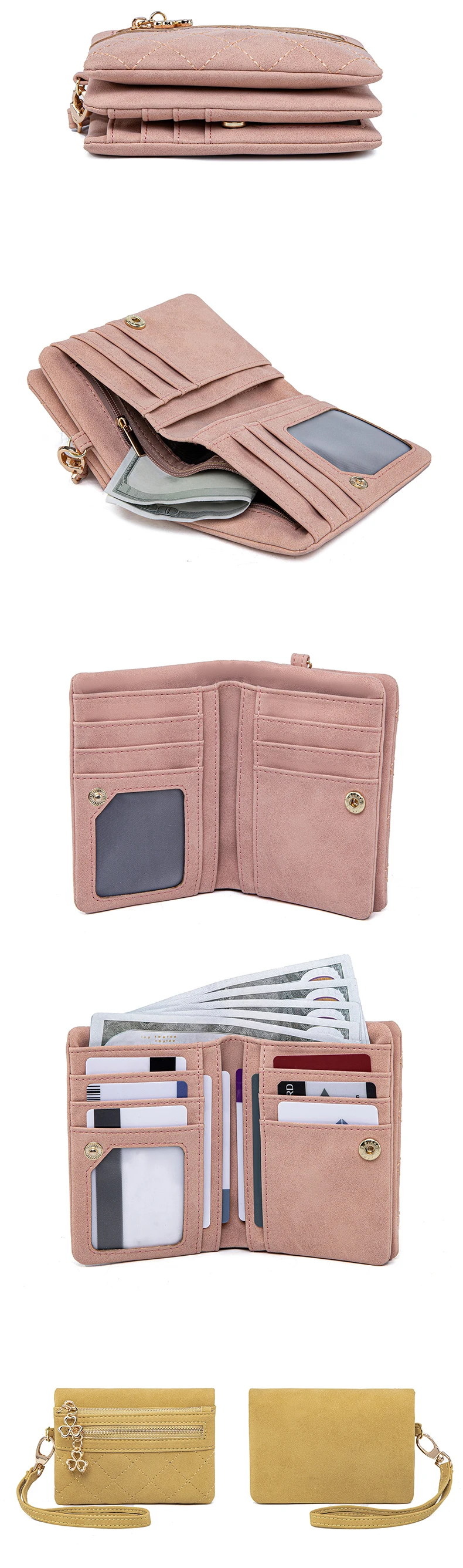 Retro-Bi-Fold Damen-Geldbörse, stilvolle, gesteppte, diamantmusterierte Münzbörse, hochwertige PU-Leder-Kurzbörse mit Handgelenkschlaufe – Detail 6