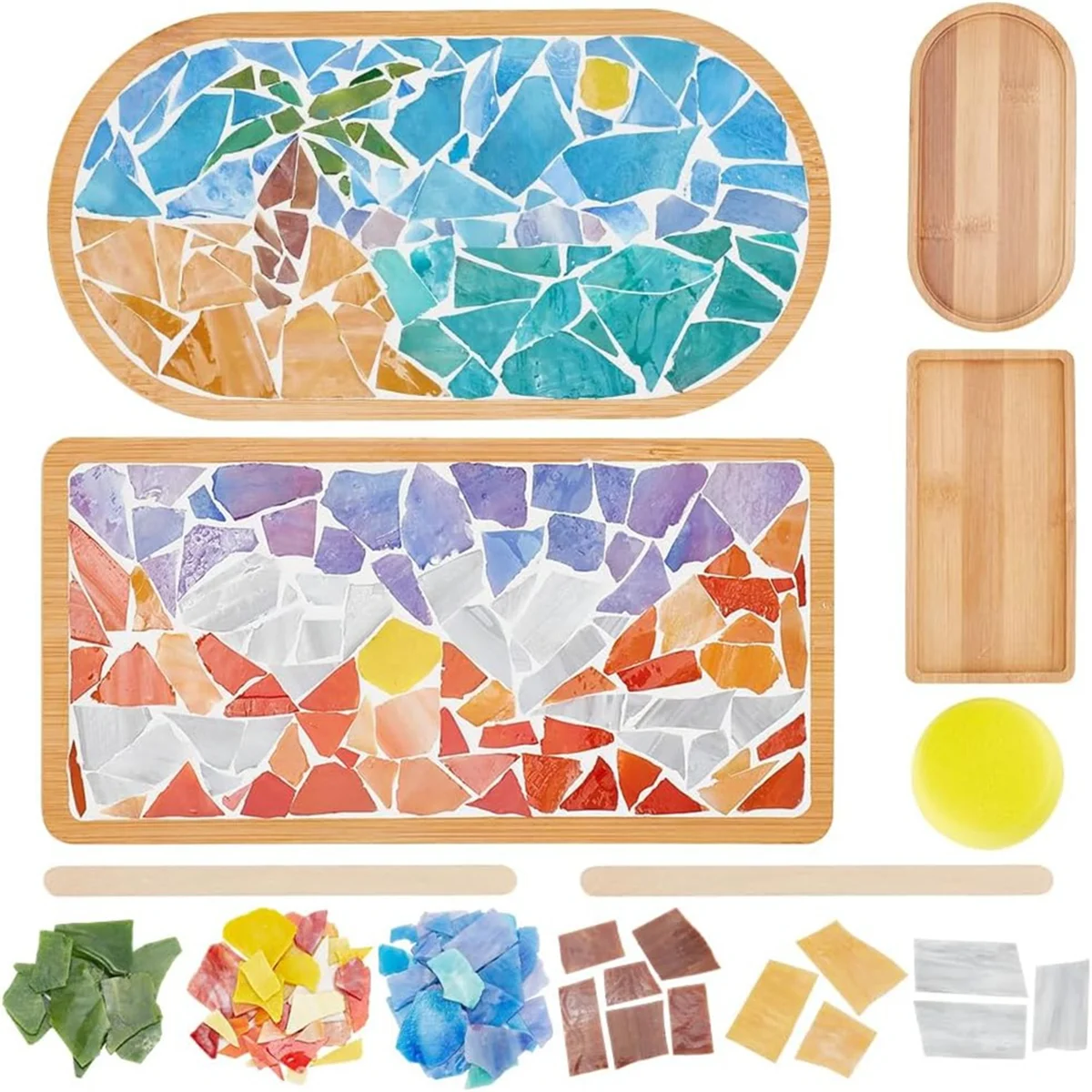 

A32P_DIY Mosaic Craft Kit Coconut Tree Mosaic Bamboo Coaster Set with Blank Base Tray Handmade Art Home Decor
