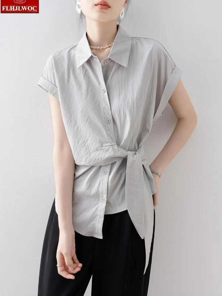FLHJLWOC Brand Women's Elegant Commute Shirt Light Gray Thin Design Long Sleeve Blouse Lace-Up Slim Waist Bow Tie Tops 3