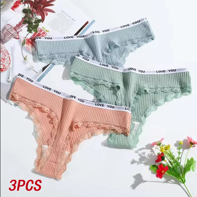 3Pcs/Lot Lace Thong Women\'s Tanga Low Waist Sexy Lingeries Cotton Panties Laides T Back Pants Girl\'s Underpants Underwear