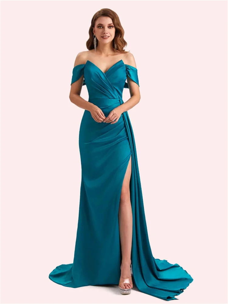 

New Arrival Off Shoulder Neckline Satin Mermaid Evening Dress Open Back Zipper Floor Length High Slit Sweep Train Gown For Women