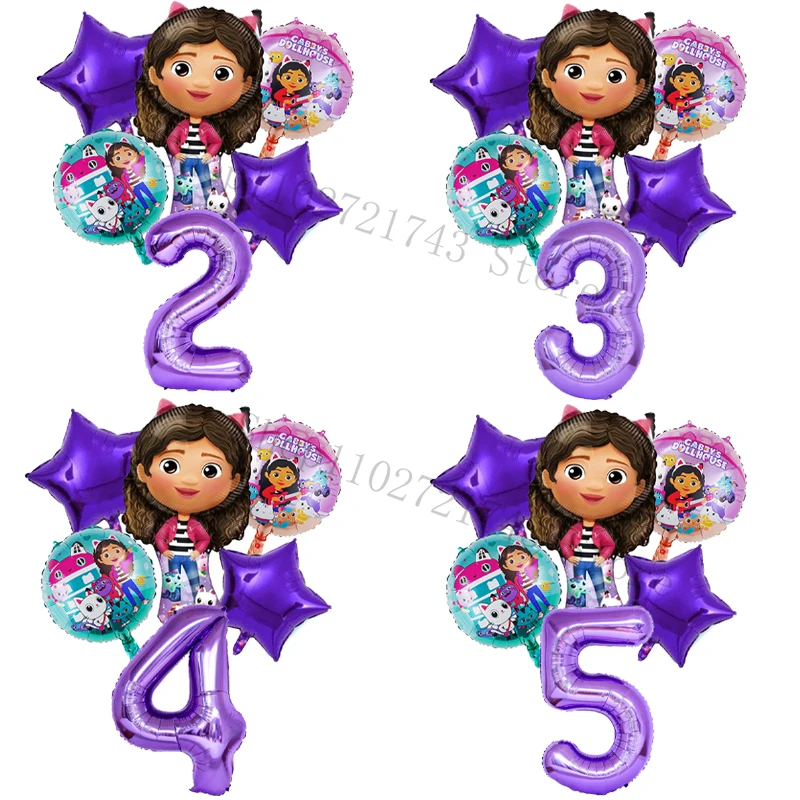 6pcs Gabby Dollhouse Cats Balloons Anime Cartoon Birthday Party Decoration Number Balloon Baby Shower Decorative Props Kids Toys