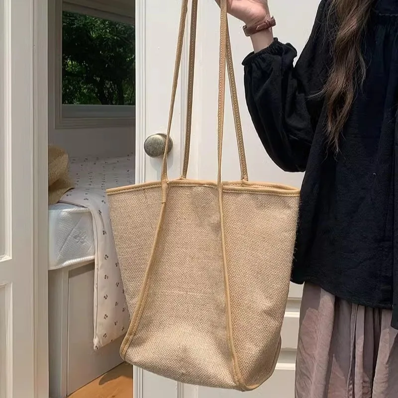 Women's One Shoulder Tote Bag Handheld Shopping Bag New Minimalist Leisure Beach Fashion Large Capacity Cotton and Hemp
