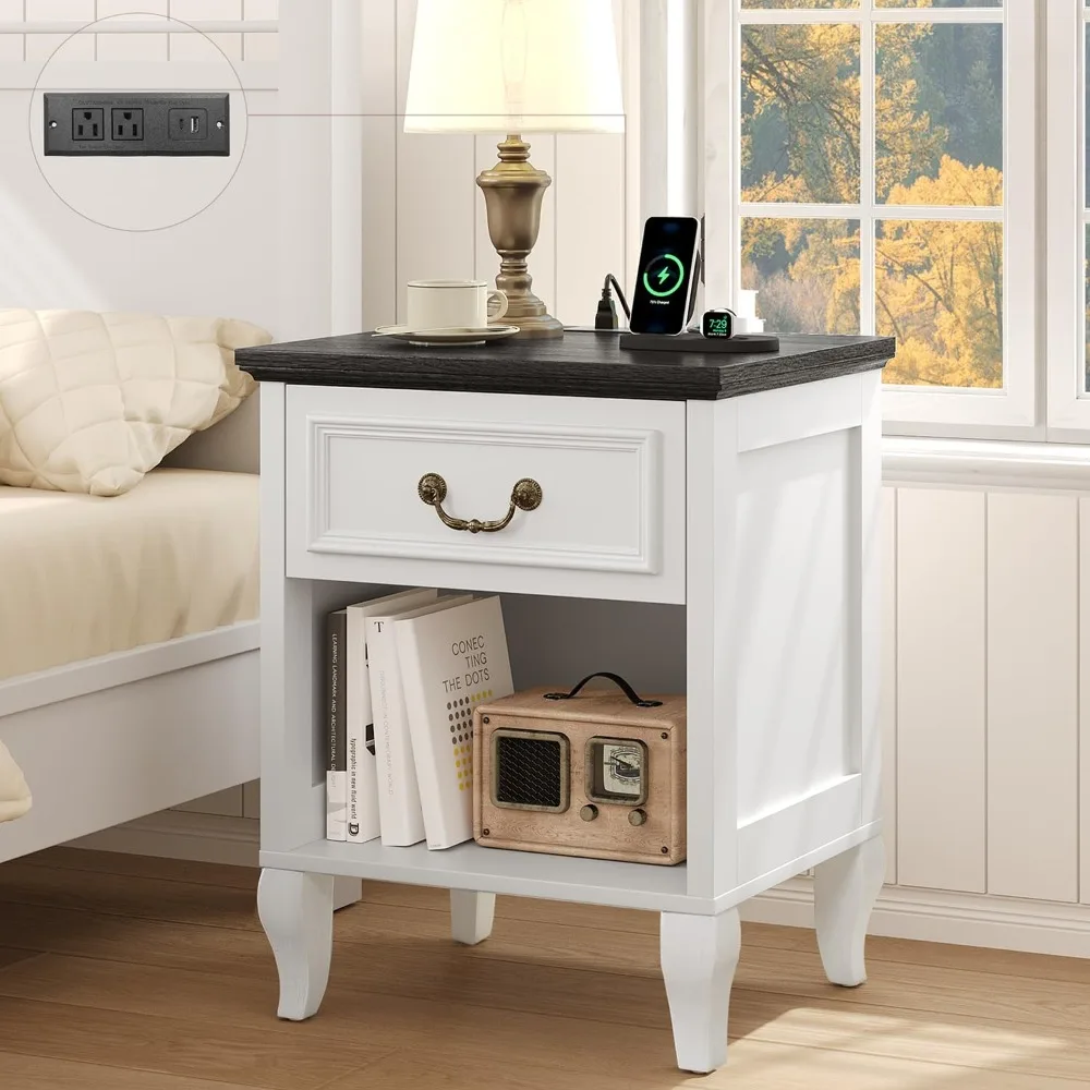 

Night Stand with Charging Station, Farmhouse Nightstands with Drawer & Open Storage Shelf, White Wooden Bedside Table End Table
