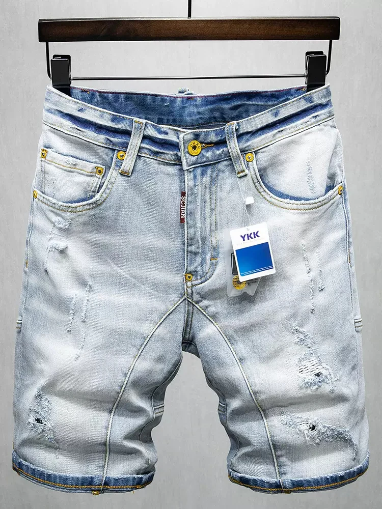 Summer Fashion Men Jeans High Quality Retro Light Blue Spliced Stretch Ripped Denim Shorts Men Vintage Casual Shorts Hombre