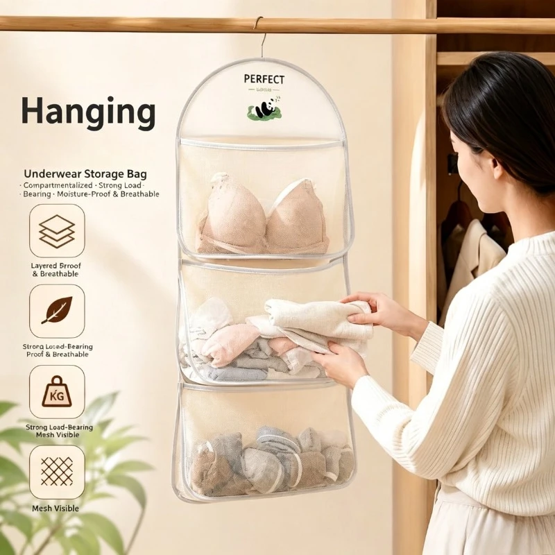 Multi-Layer Hanging Storage Bag for Socks Underwear Home Clothes Net Pocket Wall-Mounted Closet Organizer Dorm Room Organization