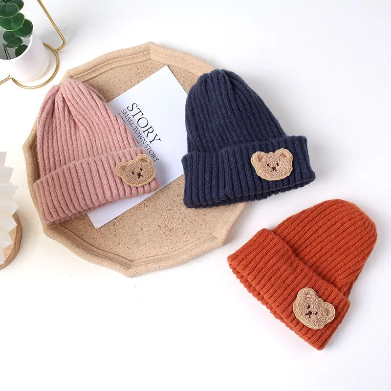 Cute Bear Baby Knit Hat Solid Color Soft Comfortable Toddler Beanies for Boy Girl Cartoon Autumn Winter Warm Kids Knitted Hat