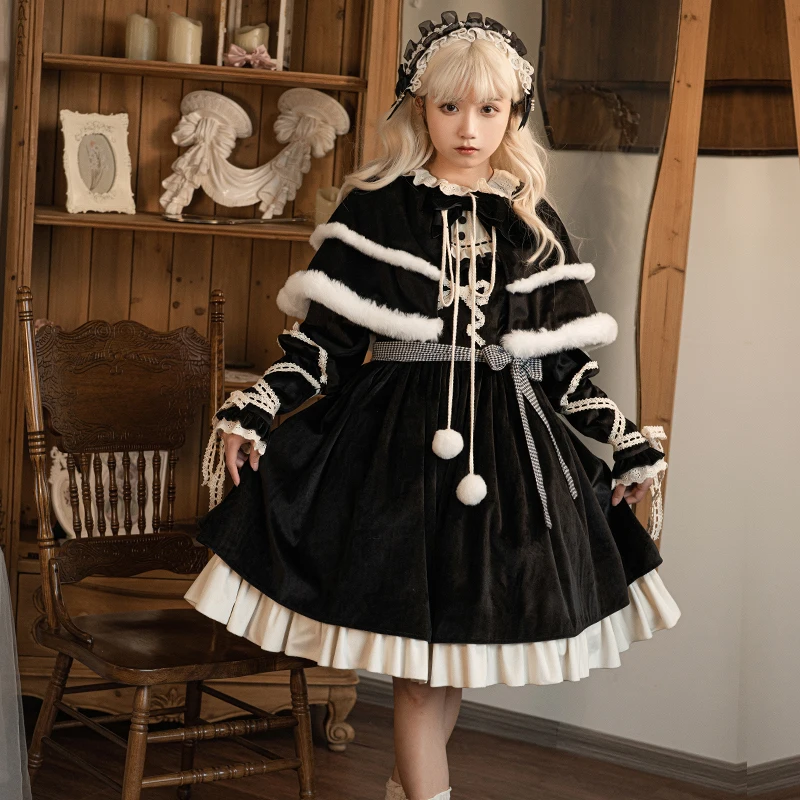 [Winter Love Song op] Design Black Elegant Winter Thick Velvet Woolen Op Cape Two piece Set for Multi Wear