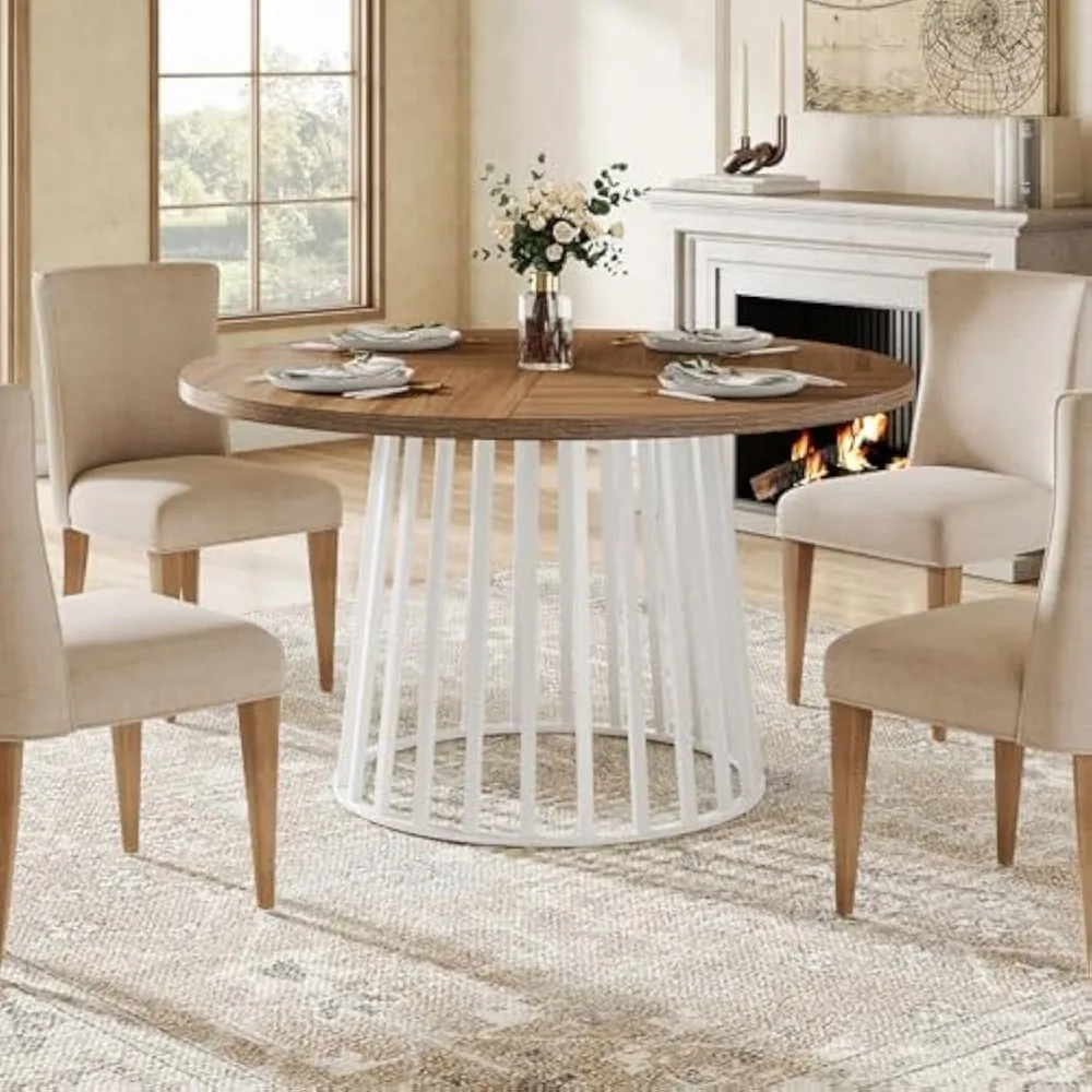 47 Inch Round Dining Table, Farmhouse Dining Table, Round Kitchen Table with White Metal Base and Rustic Brown Color