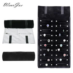 Anillo de terciopelo portátil para joyería, organizador de viaje, bolsa de rollo plegable, soporte para anillos de almacenamiento, cierre a presión, compartimentos con cremallera