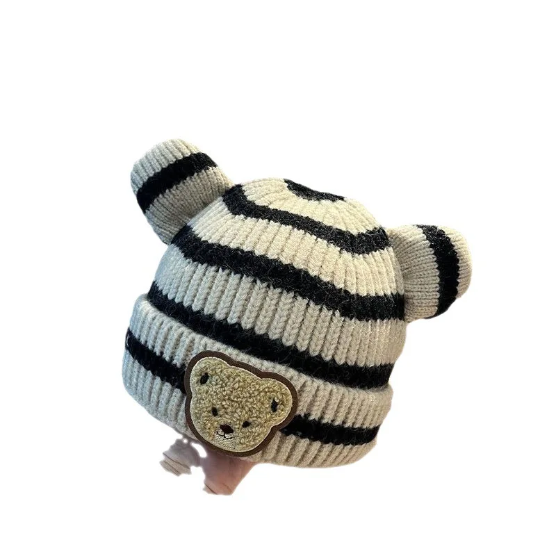 Gorro de punto de estilo coreano para bebé, gorro de lana con cabeza de oso a rayas, rizador de piel de melón, Otoño e Invierno