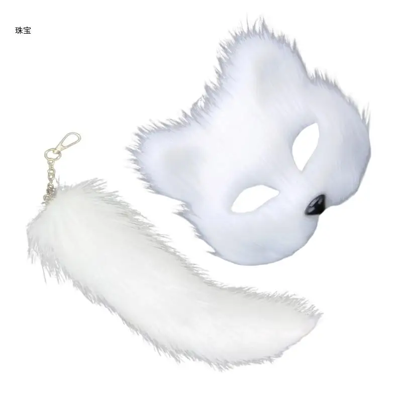 X5QE Faux Furs Foxes Tail Cats Mask Therian Mask and Tail Halloween Cosplays Party