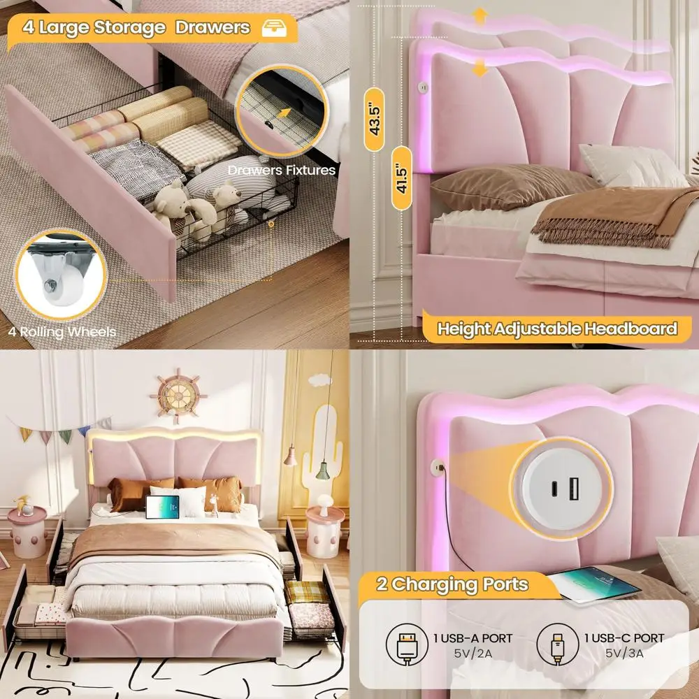 

Pink Upholstered Adjustable Bed with 4 Drawers, Platform Storage, Wooden Slats, No Box Spring Required
