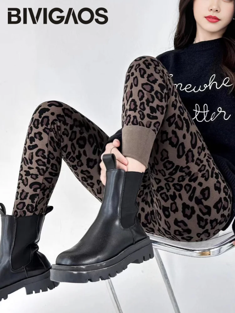 BIVIGAOS Fall Leopard Fleece Sharkskin Leggings Women High Waist Elastic Slim Fit Sexy Leggings Thickened Winter Warm Leggings