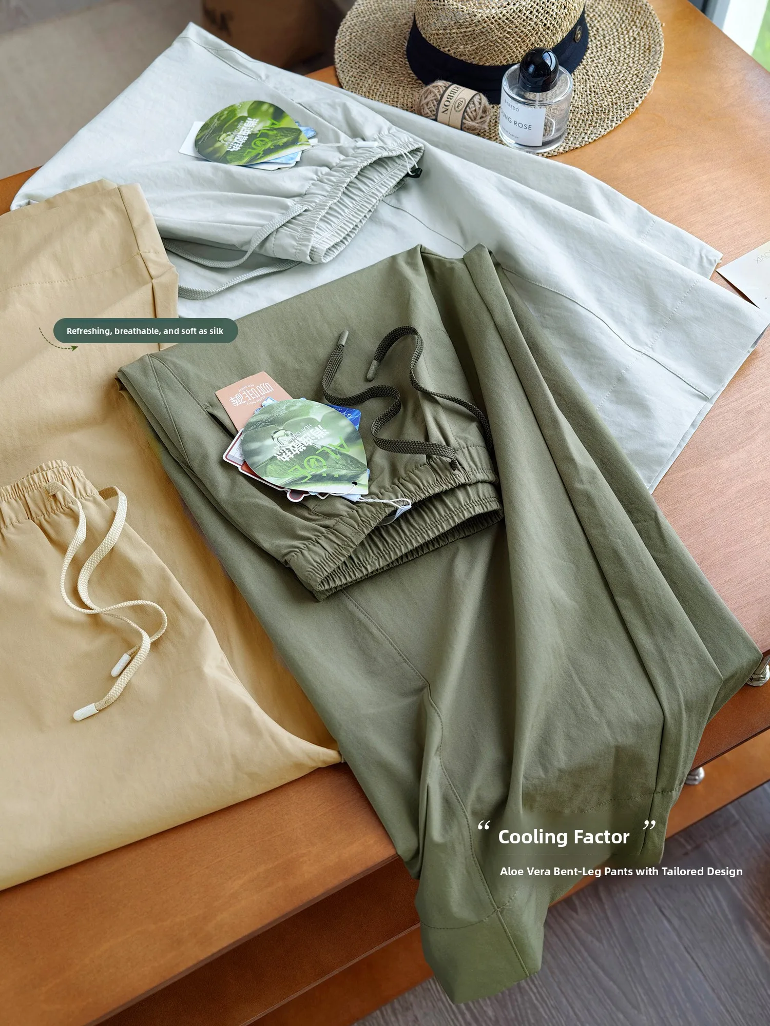 Aloes Vera Casual Pants Anti-Wrinkle Drapey Knife- Design Polyester Fiber Ladies Summer Fashion Loose Elastic Waist