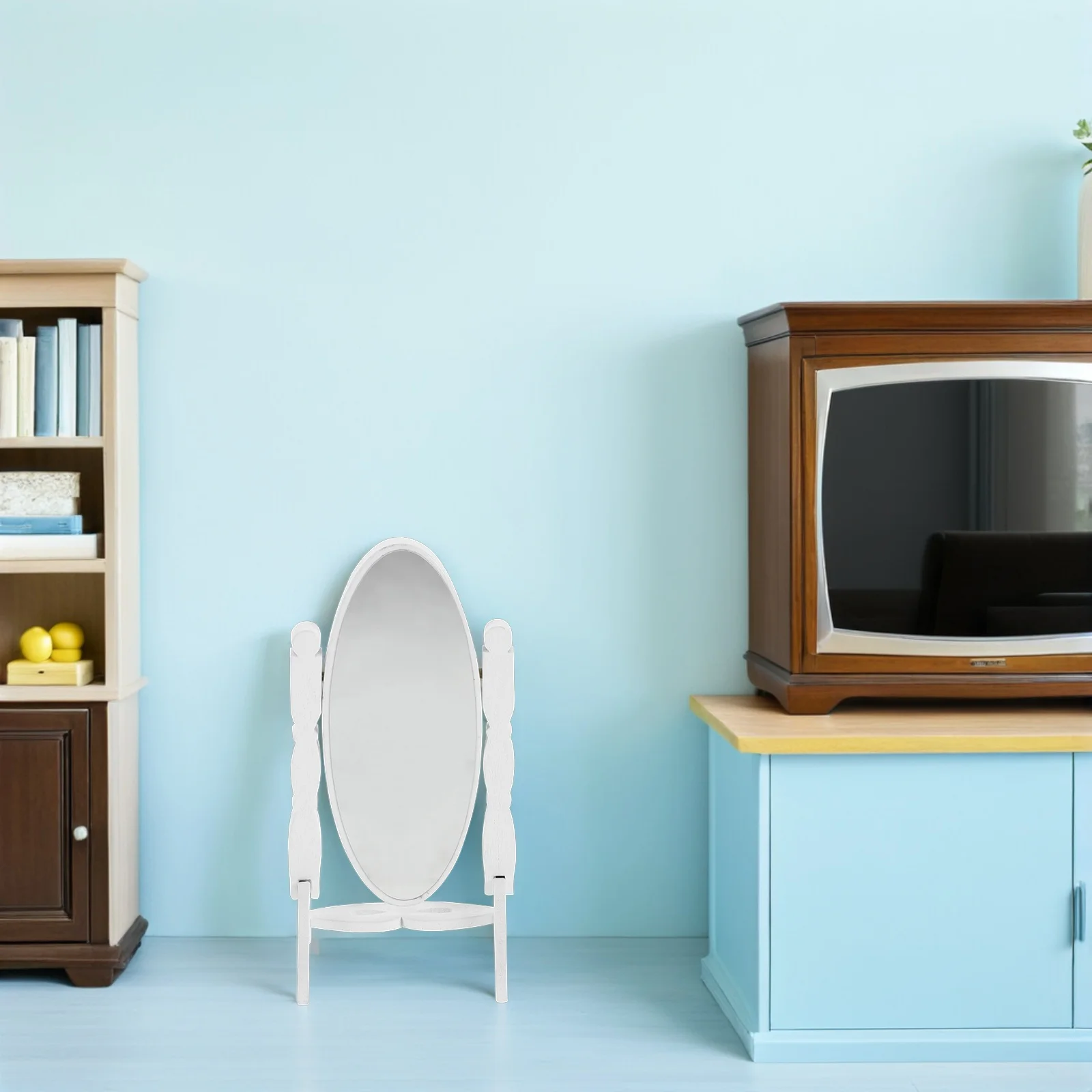 

3.1X1.6 Inch Miniature Dollhouse Mirror Small Wood Frame Stand Up Tabletop Retro Vanity For Diy Craft Bedroom Decoration