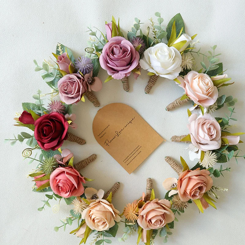 25074 Bohemian Rose Flower Corsage & Wristlet Set - Perfect for Brides, Groomsmen, and Wedding Decorations
