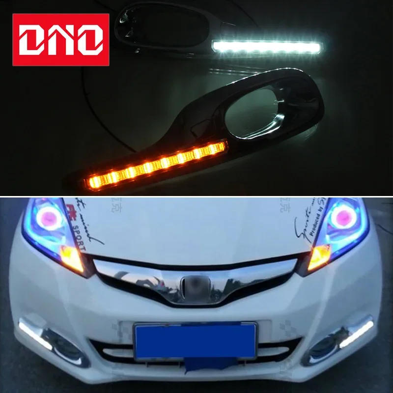 Car LED DRL 12V Daylight For Honda Jazz Fit 2011 2012 2013 Yellow Turn Signal Indicator Daytime Running Light Fog Lamp Headlight