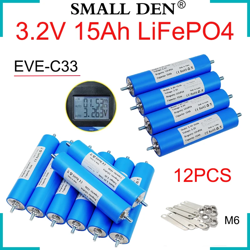 

12PCS Grade A 3.2V 15Ah C33 Lifepo4 battery 3C Lithium iron phosphate DIY 12v 24v E-bike scooter Car motor Modification Inverter