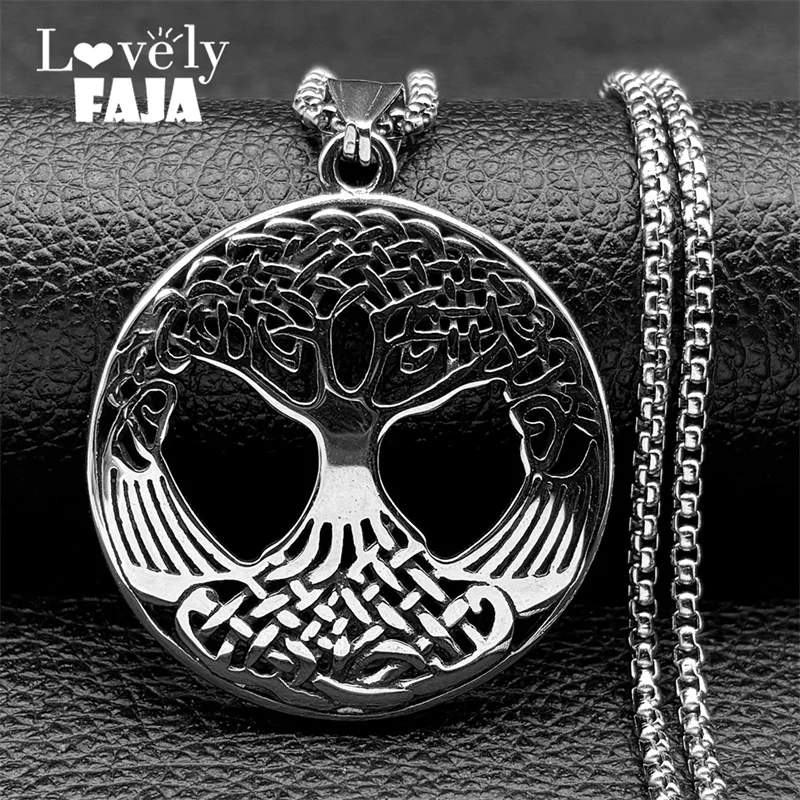 

Vintage Tree of Life Knot World Tree Pendant Necklaces Women Men Stainless Steel Silver Color Viking Plant Chain Jewelry Gift