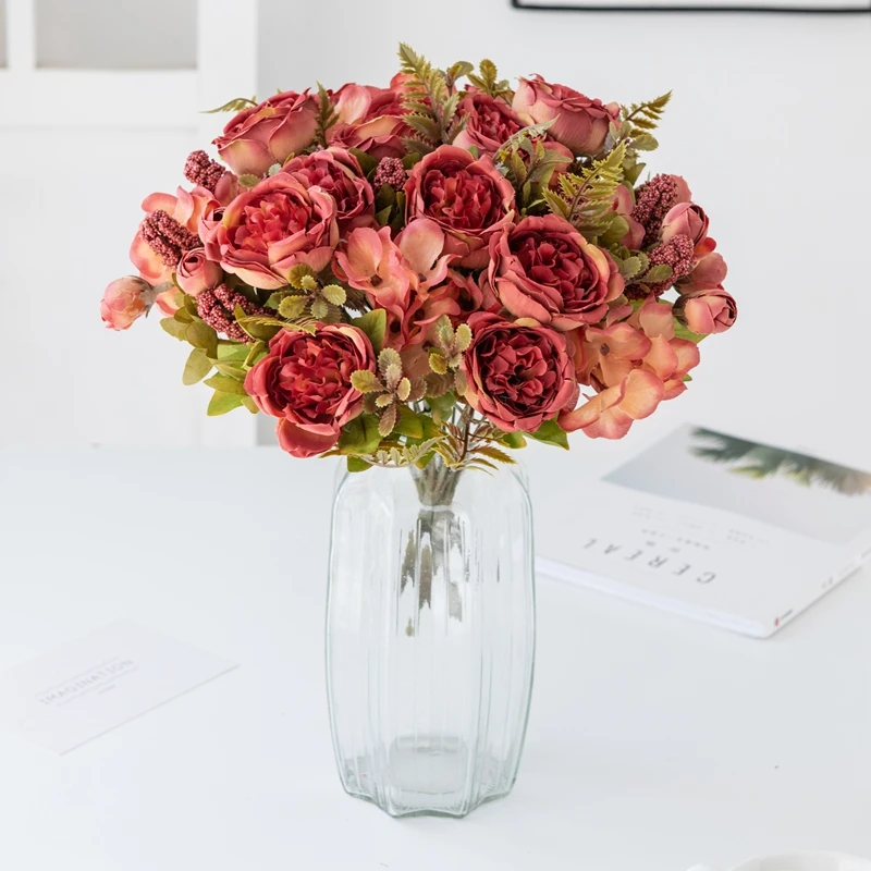 1/3 Stück künstliche Blumen Weihnachtsgirlande Hochzeit Garten Rosen Fotos Bogen Pfingstrose Blumensträuße Home Room Decor Seidenhortensien – Detail 2