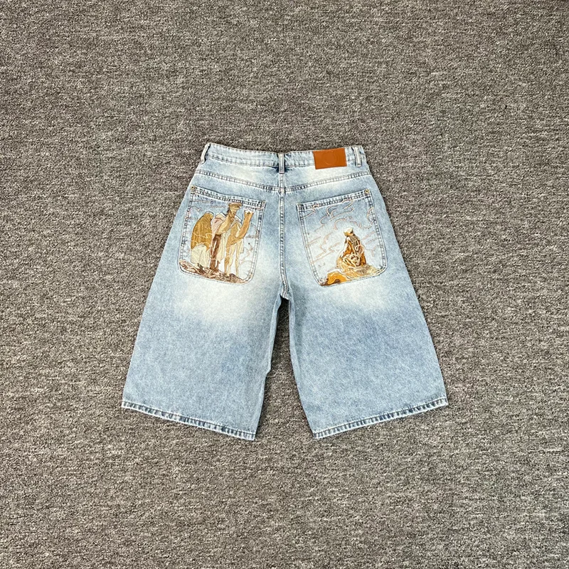 

Derschutze American Street Cherry Blossom Koi Bear Embroidery Washed Distressed Jeans Shorts Men Women Loose Casual