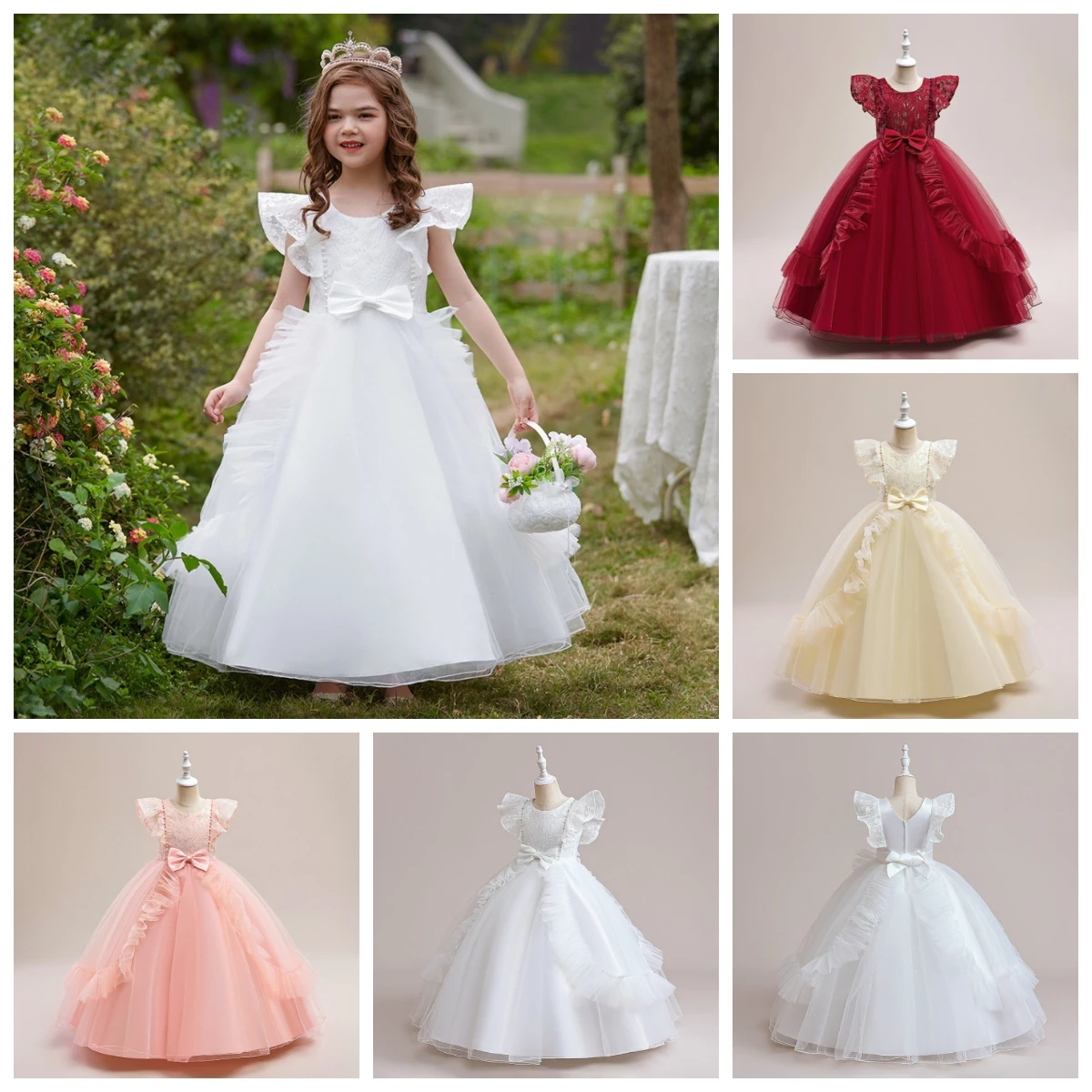 Girls White Lace Flutter Sleeve Long Formal Gown Pearl Beaded Bow Ruffle Layered Tulle Skirt Floor‑Length Kids Party Dress ASQ03