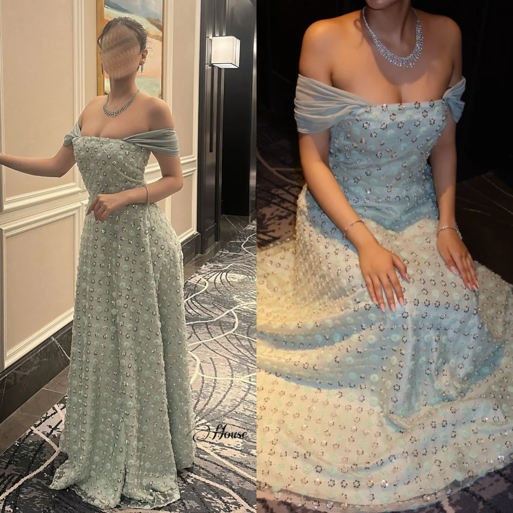 

Customized Intricate Matching Beading Sequined Flower A-line Off-the-shoulder Long Dresses Bespoke Occasion Dresses High Quality