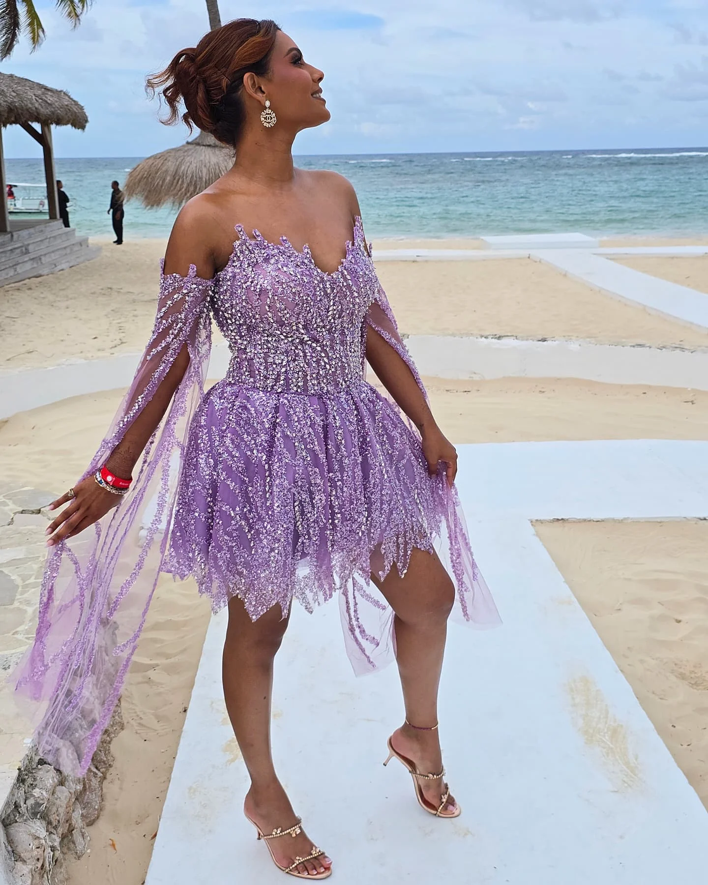 فستان لافندر مكشوف الكتفين من التول ترتر قصير على شكل حرف a لحفلات الزفاف على الشاطئ فساتين أنيقة بوهو ثوب مسائي صيفي رومانسي #4