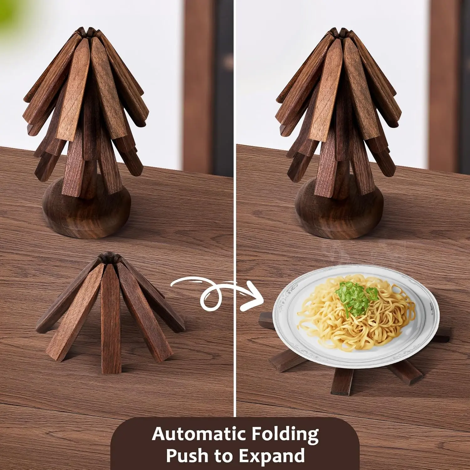 4 Pcs Wooden Trivet with Holder, Creative Tree Shape Trivet Set for Hot Dishes, Foldable, Trivets Heat Resistant Pads, 20.5cm