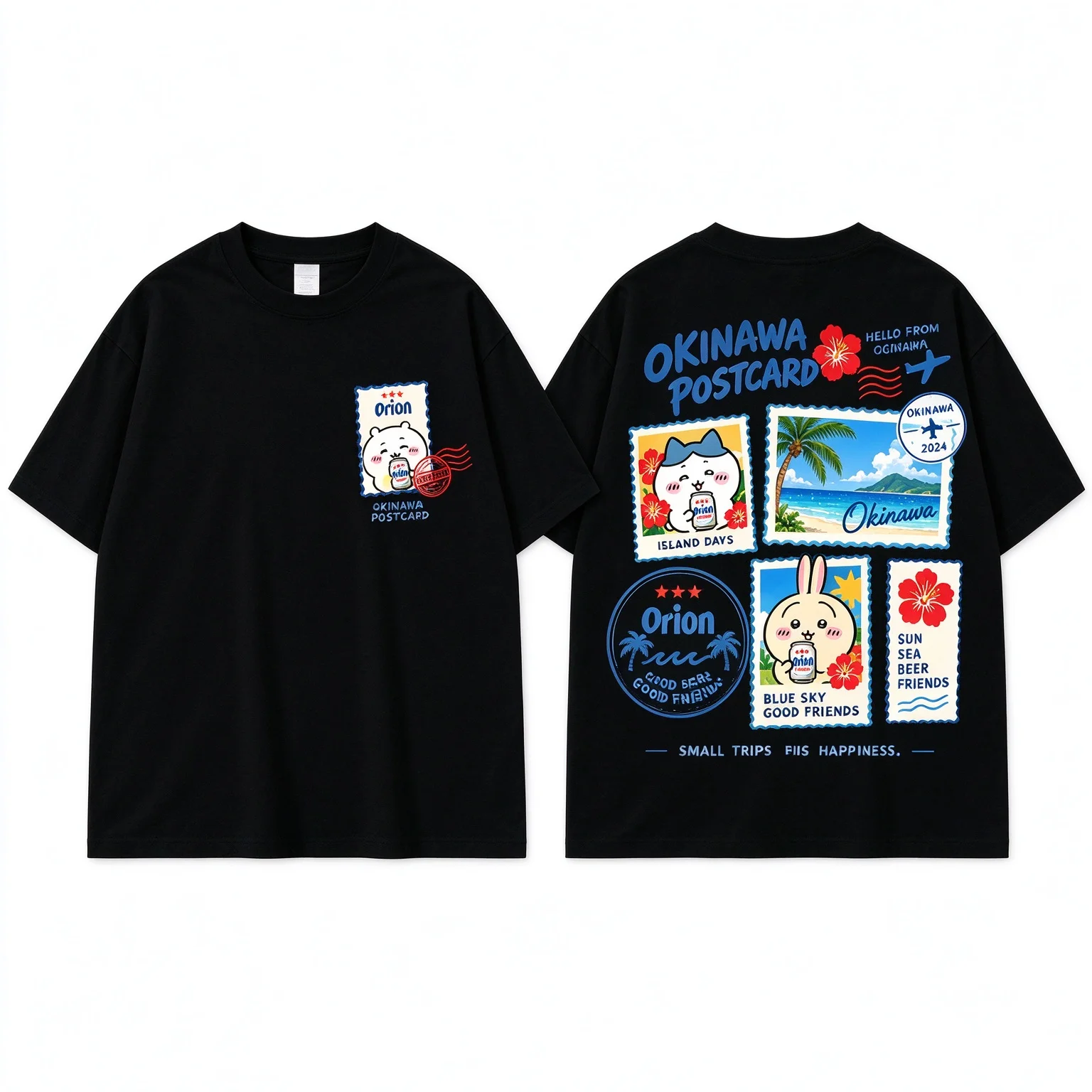 Chiikawa Cute Kawaii Okinawa Beer Tee Men's Women's White Retro Cool Graphic Art Print Oversized Short Sleeve Streetwear Top