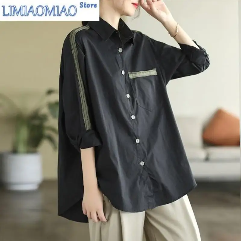 

Осенняя литературная офисная рубашка контрастного цвета, женская новая классическая однобортная свободная повседневная рубашка с длинным рукавом и воротником-поло