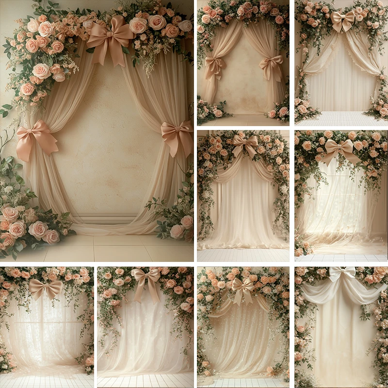 

LS Photography Background Bows Floral Curtain Girls Birthday Party Wedding Maternity Portrait Decor Backdrop Photo Studio