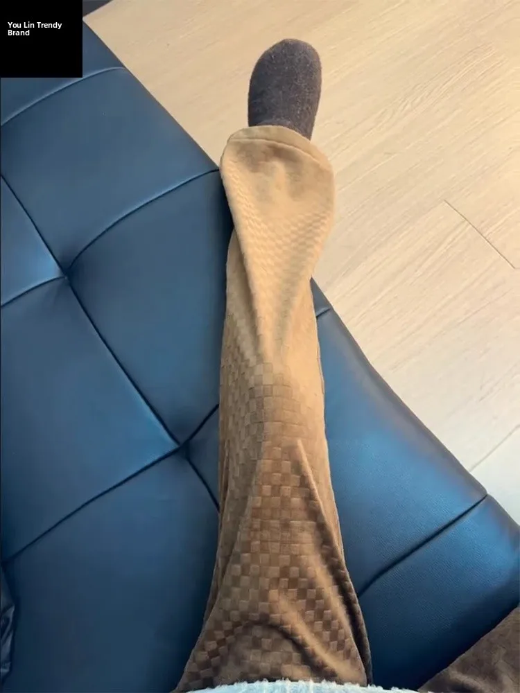 

Men's Winter Thiened Fce Lined Wide Leg Pants Chboard Pattern Straight Cut Trousers American Retro Sle Casual Pants