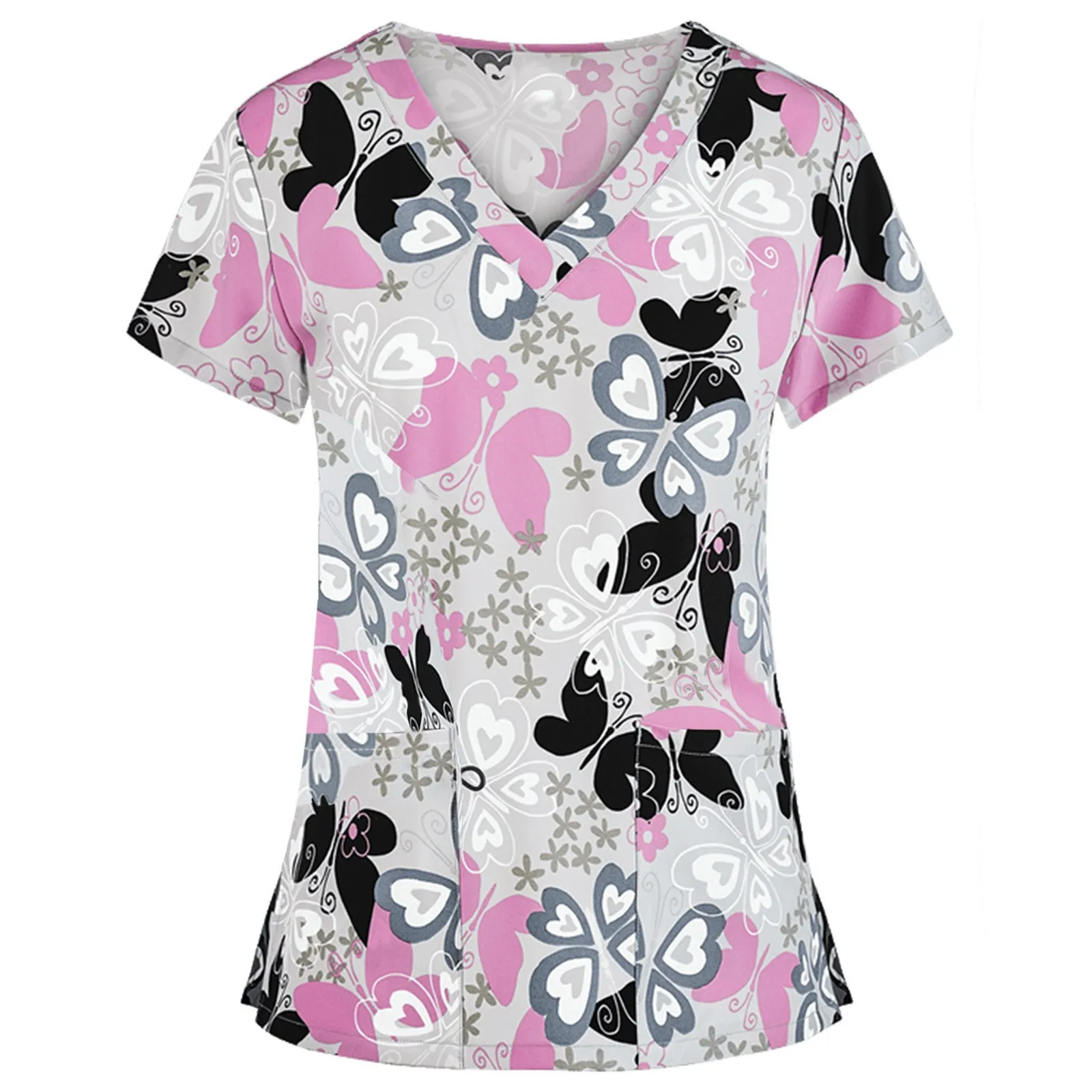 

Women'S Printed Short-Sleeved Nurse Uniform V-Neck Nursing Uniform Top Soft Elastic And Comfortable Nursing Uniform
