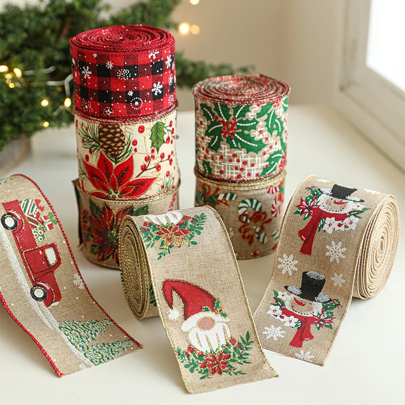 2M/Roll Christmas Linen Ribbons Snowflake Xmas Tree Printed Wire Edge Ribbon New Year Gift Wrapping Christmas Crafts Decorations