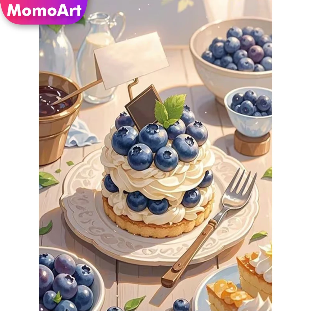 Momoart Diamantmalerei Kuchen Lebensmittel Landschaft DIY Bild Strass Diamant-Mosaik Blaubeere Perlen-Stickerei Feiertagsgeschenke