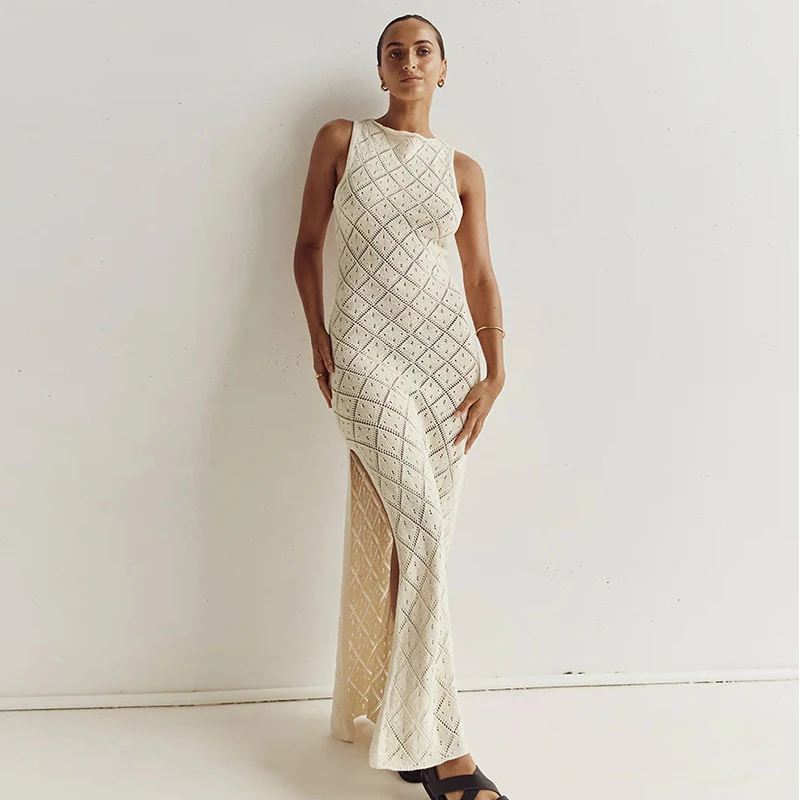 New Arrival Women Knitting Round Collar Beachwear Cover Up Summer Vacation Sunscreen Long Dress Ladies Hollow Out Slim Dress