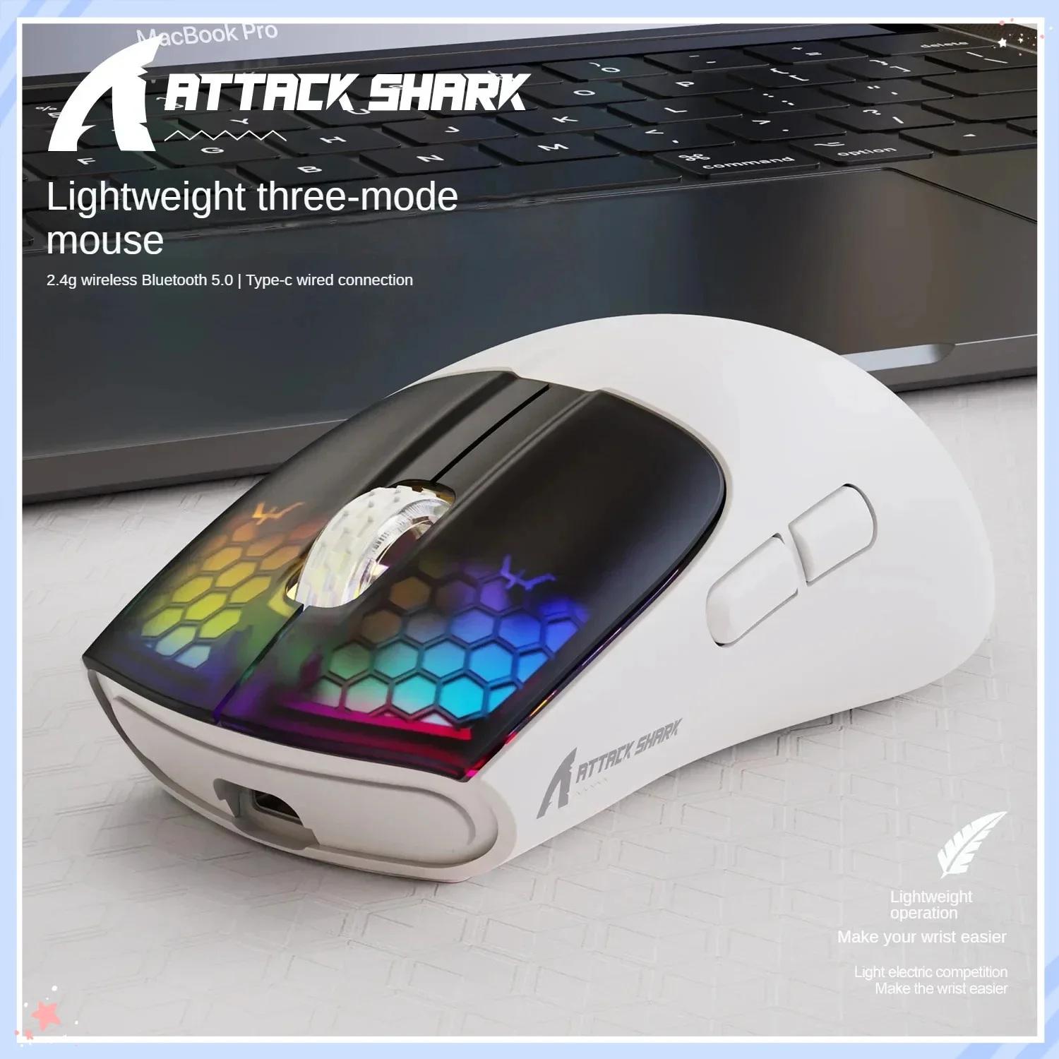 Attack Shark X5 Wireless Bluetooth Mouse 2.4G 3 Modes RGB  PAW3212 Sensor 4000DPI Optical Mouse for PC Laptop Office Gaming