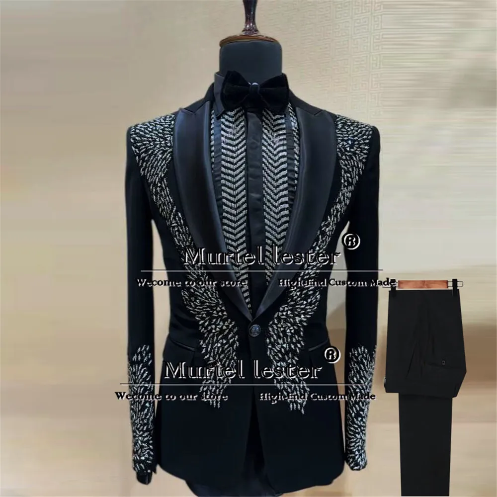 Luxury Groom Wedding Suits Handmade Sliver Beaded Prom Blazer Tailor-made Man Banque Jacket Pants 2 Pieces Male Fashion Clothing