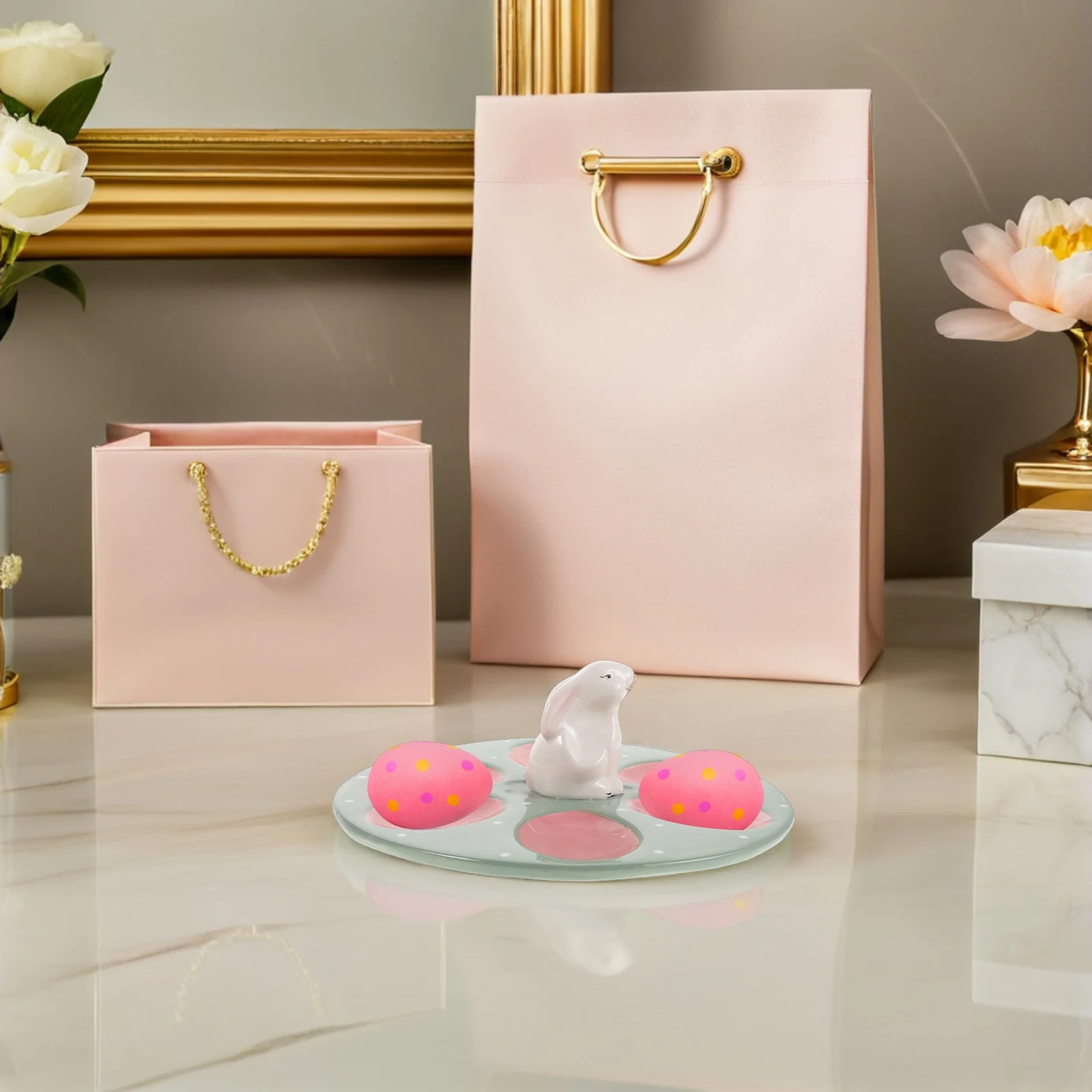 

9.24 Inch Ceramic Egg Tray Bunny Shaped Deviled Egg Dish 6 Compartment Rabbit Holder for Easter Brunch Appetizer Serving Plate