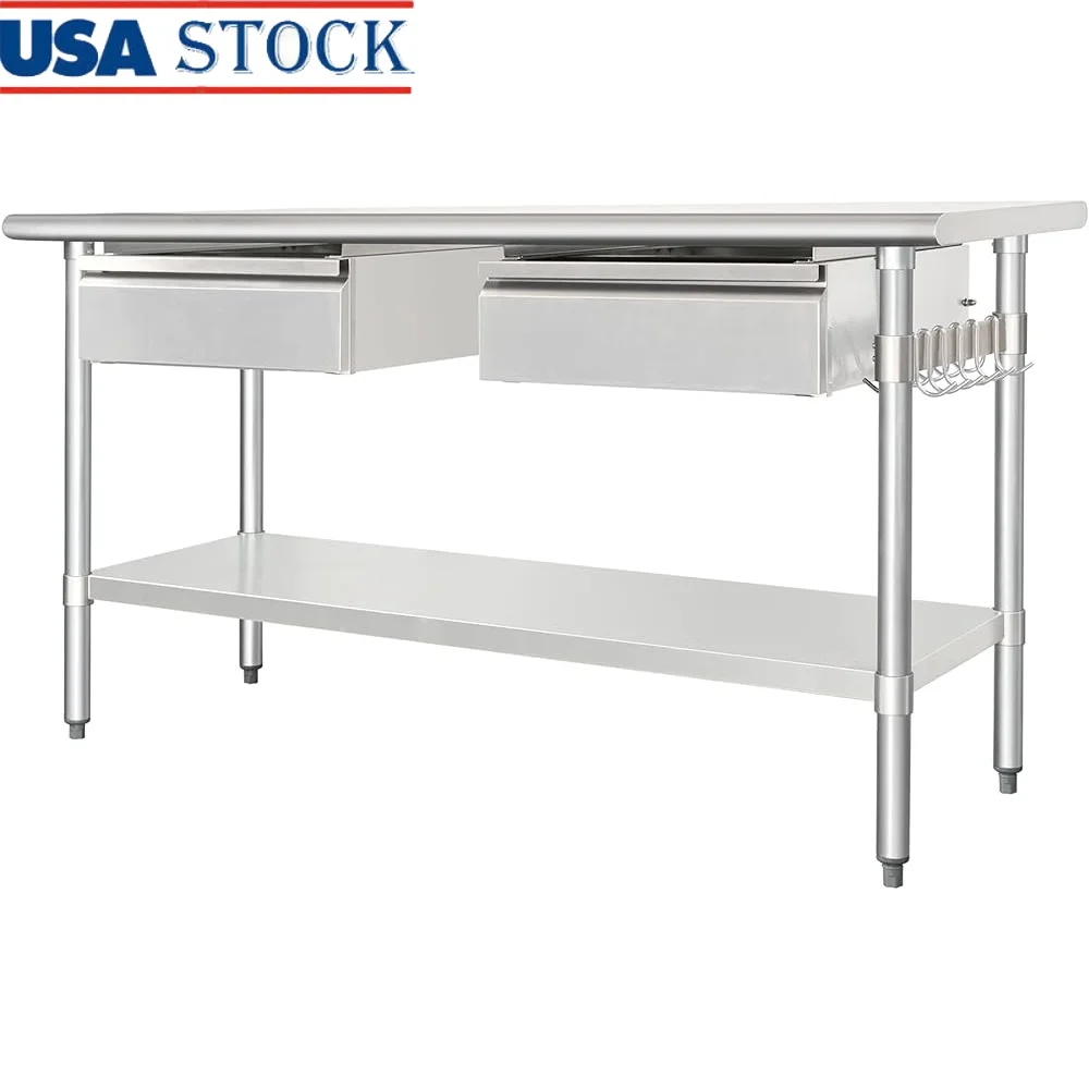

Stainless Steel Prep Table with Drawer NSF Heavy Duty Commercial Workbench Adjustable Undershelf Hook Durable Kitchen Equipment