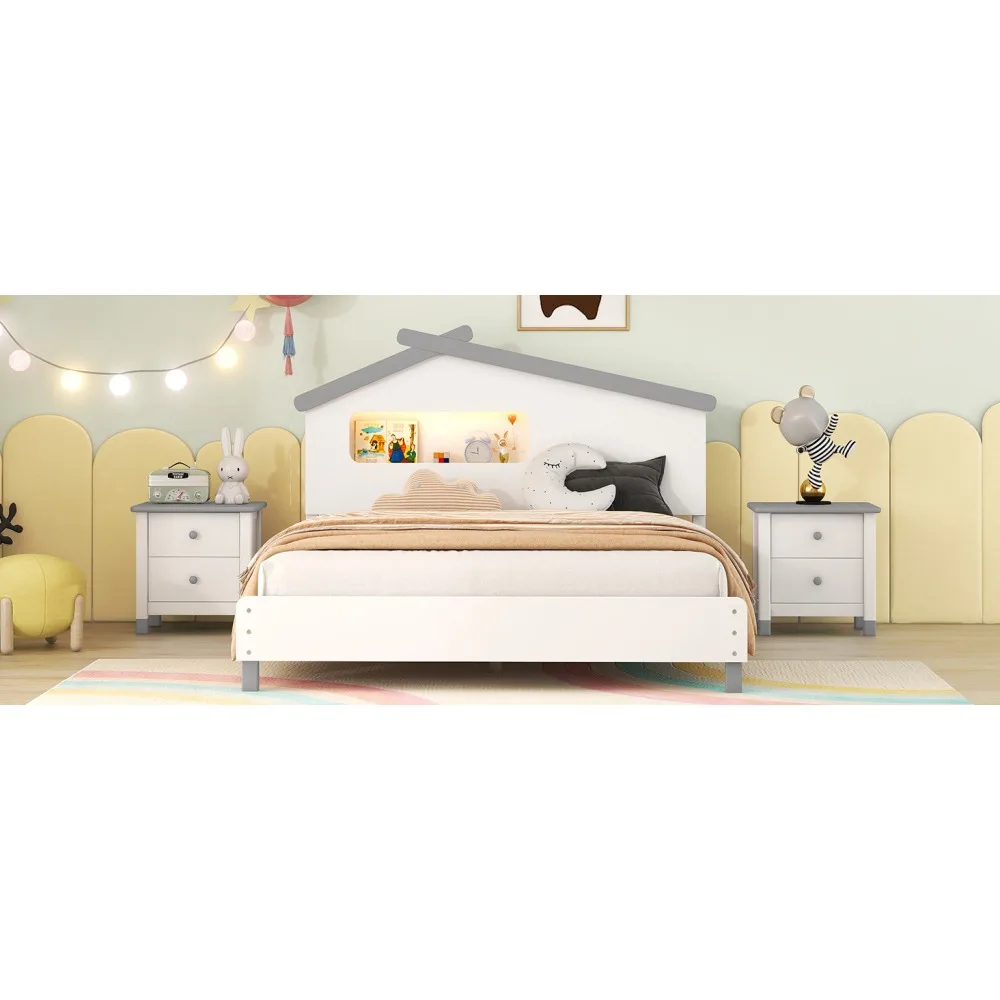 Full Size Wood Platform Bed with House-shaped Headboard and Motion Activated Night Lights Motion Activated Nightlight